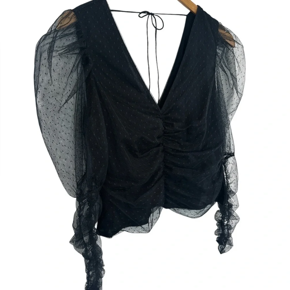 Anthropologie Maeve Sheer Puff Sleeve Polkadot Top in Black